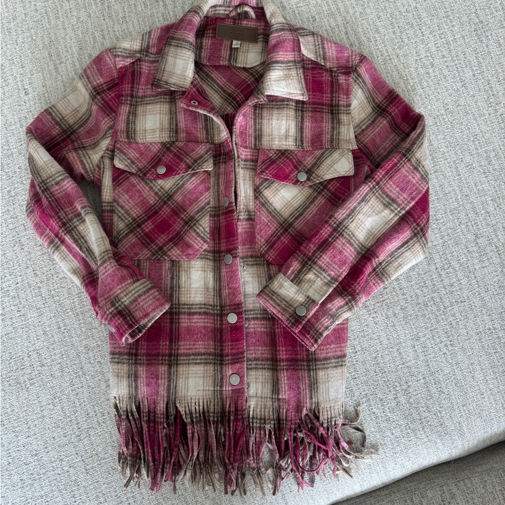 Blank NYC Pink Plaid Fringe Jacket